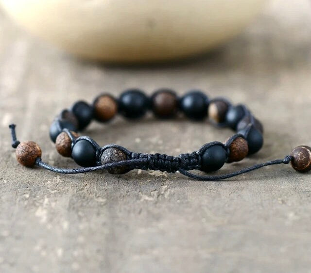 Black Beaded Bracelet with Natural Wooden Beads Meditation Prayer Yoga Cross Bracelet, Chakra Norse, Viking bracelet