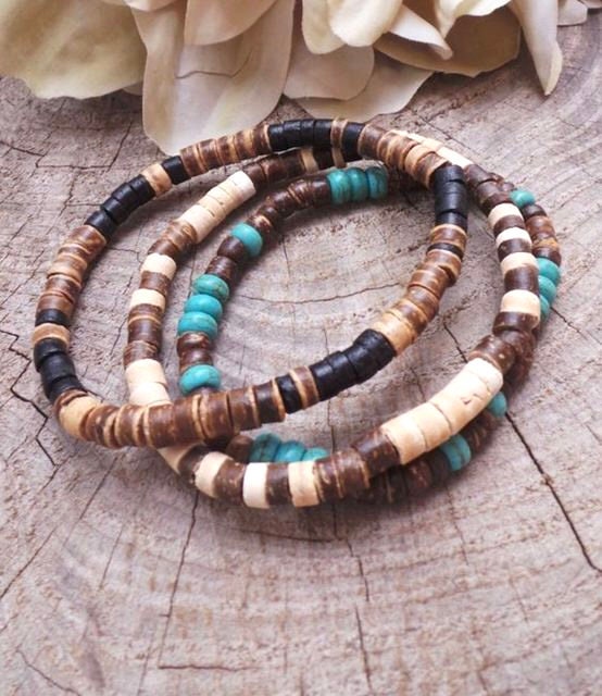 Surfer style set of wooden beaded bracelets- Stacking Bracelets Wooden beaded hippie, boho unisex