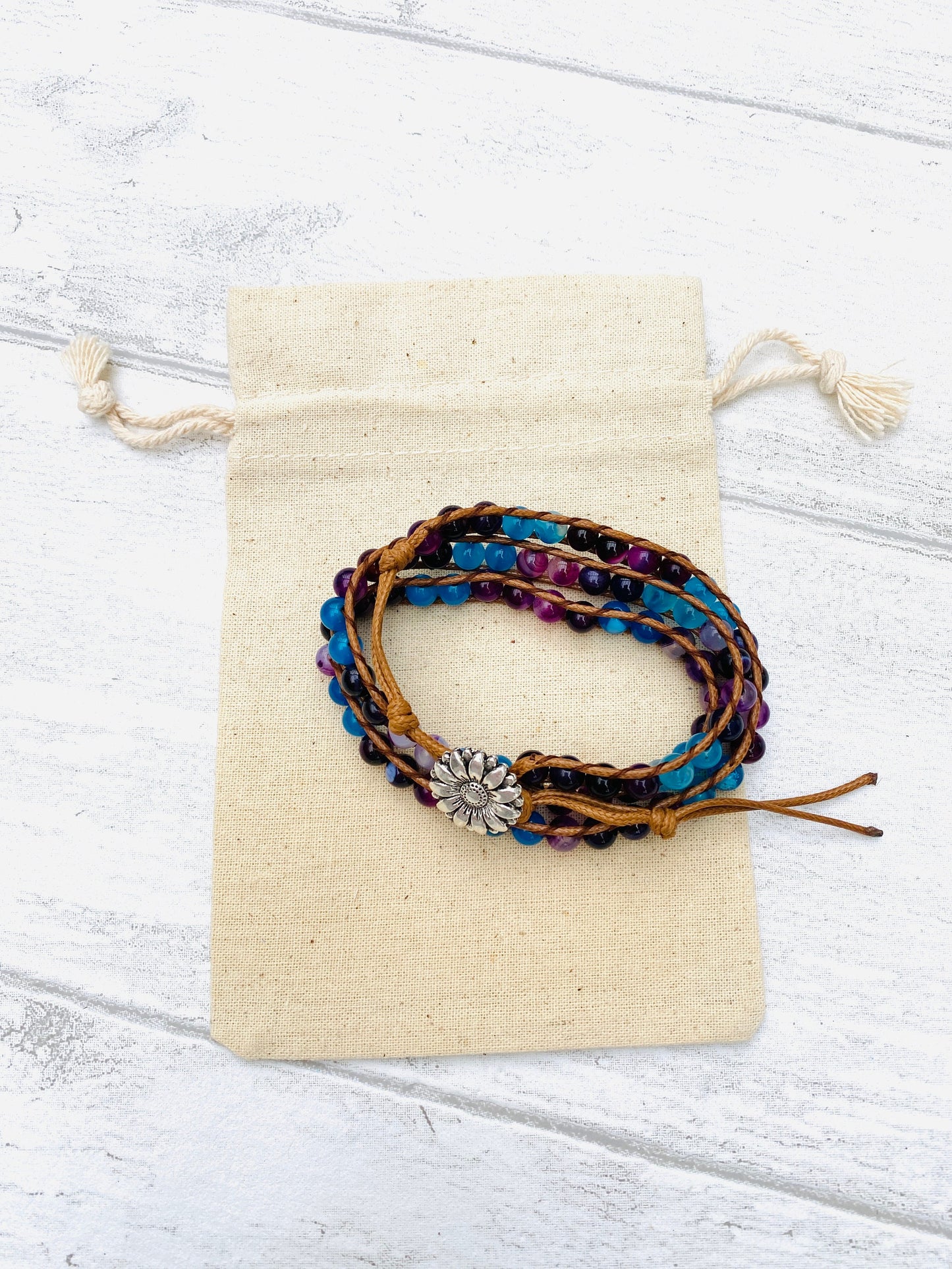 Beautiful Boho Bracelet -Beaded Leather Wrap Multi- Layered Chakra Bracelet with natural beads entwined with Leather. Friendship Bracelet