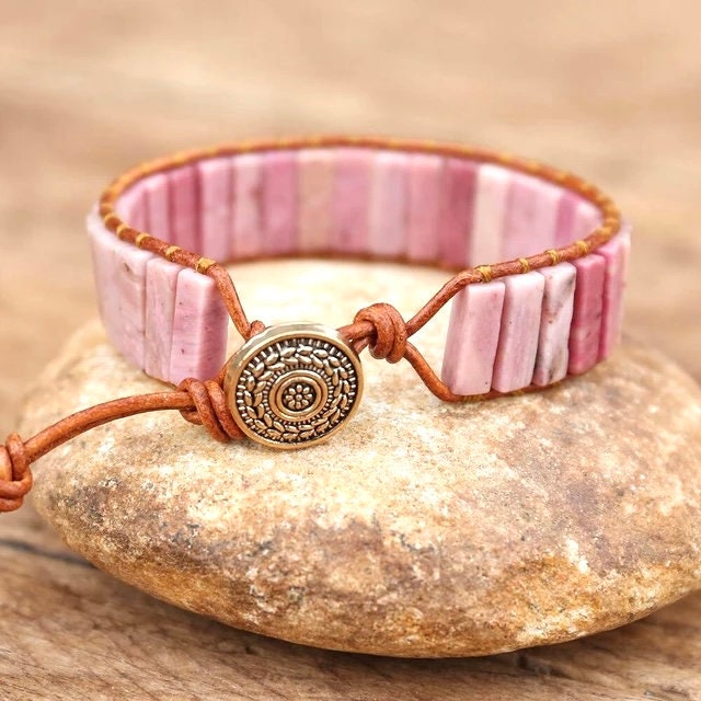 Beautiful Rhodonite Pink Boho Tube Bracelet -Beaded Leather Chakra Bracelet - natural stone entwined with Leather. Healing & Positive Energy