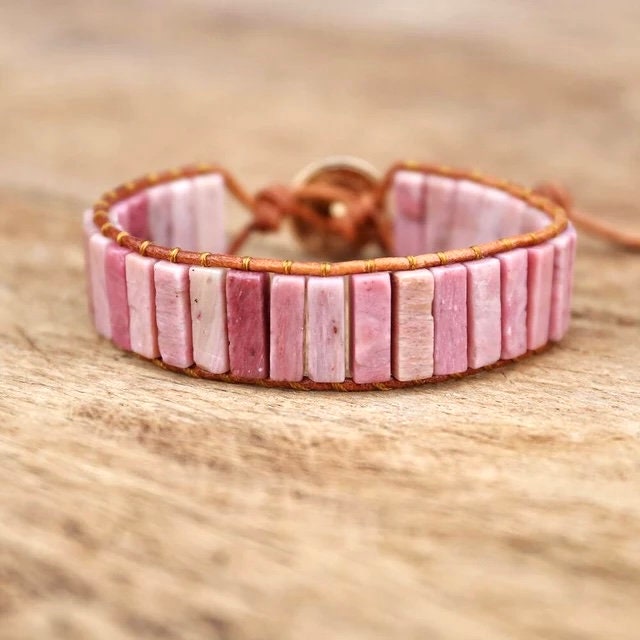 Beautiful Rhodonite Pink Boho Tube Bracelet -Beaded Leather Chakra Bracelet - natural stone entwined with Leather. Healing & Positive Energy