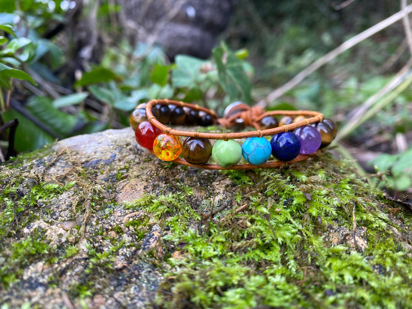 Men’s Women’s Tiger’s Eye Boho Bracelet -Beaded Leather Chakra Bracelet - natural stone entwined with Leather. Healing with Positive Energy