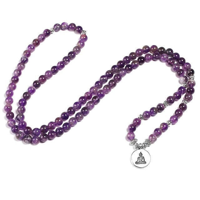 108 Mala Beads -Amethyst Natural Stone Meditation Necklace. Beautiful healing yoga bracelet. Japa Mala. Prayer beads. Chakra jewellery