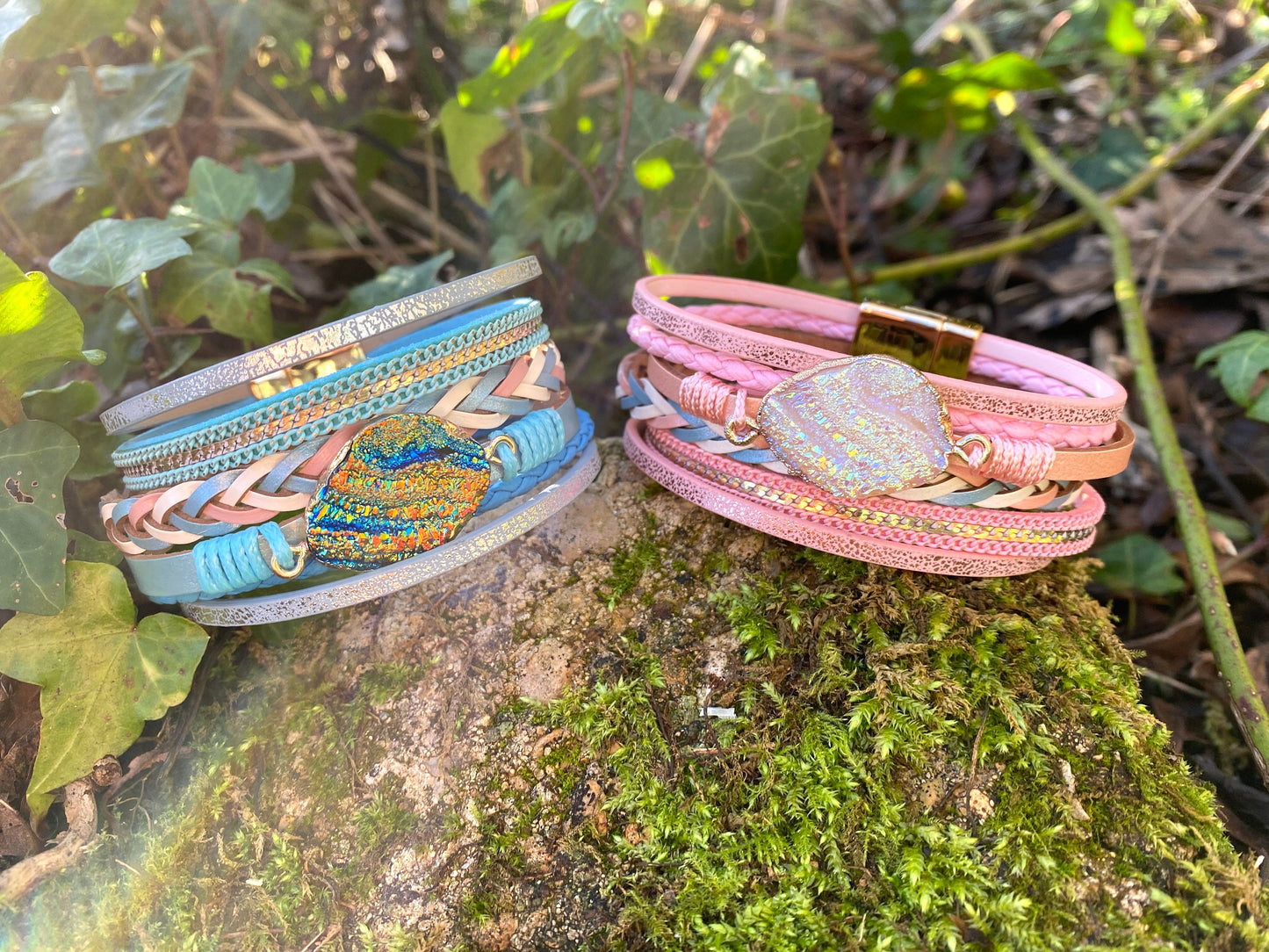Boho Wide Wrap Bracelet- Hippie Multi-Layer Leather Bracelet with Colourful Stone- Blue & Pink Bohemian designs
