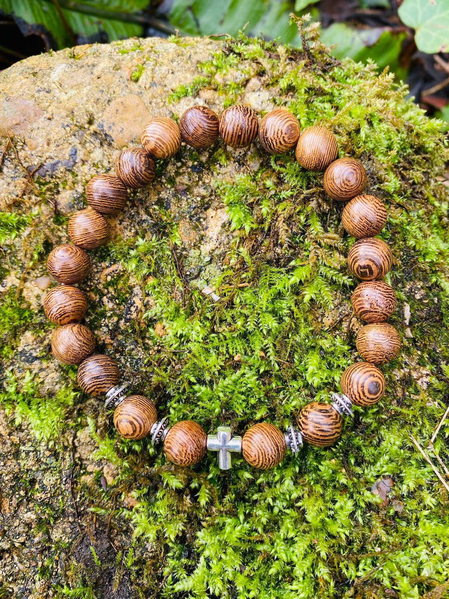 Mens Womens Natural Wooden Bead Bracelet- Meditation Prayer Yoga Cross Unisex Bracelet