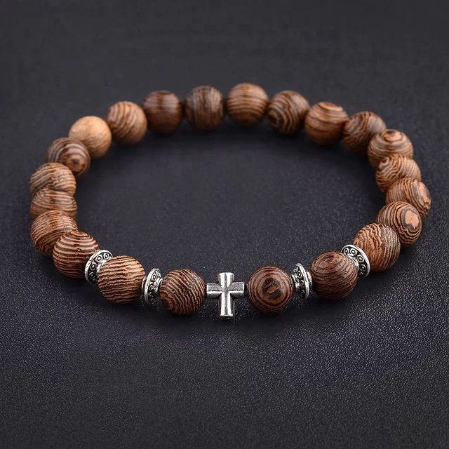 Mens Womens Natural Wooden Bead Bracelet- Meditation Prayer Yoga Cross Unisex Bracelet