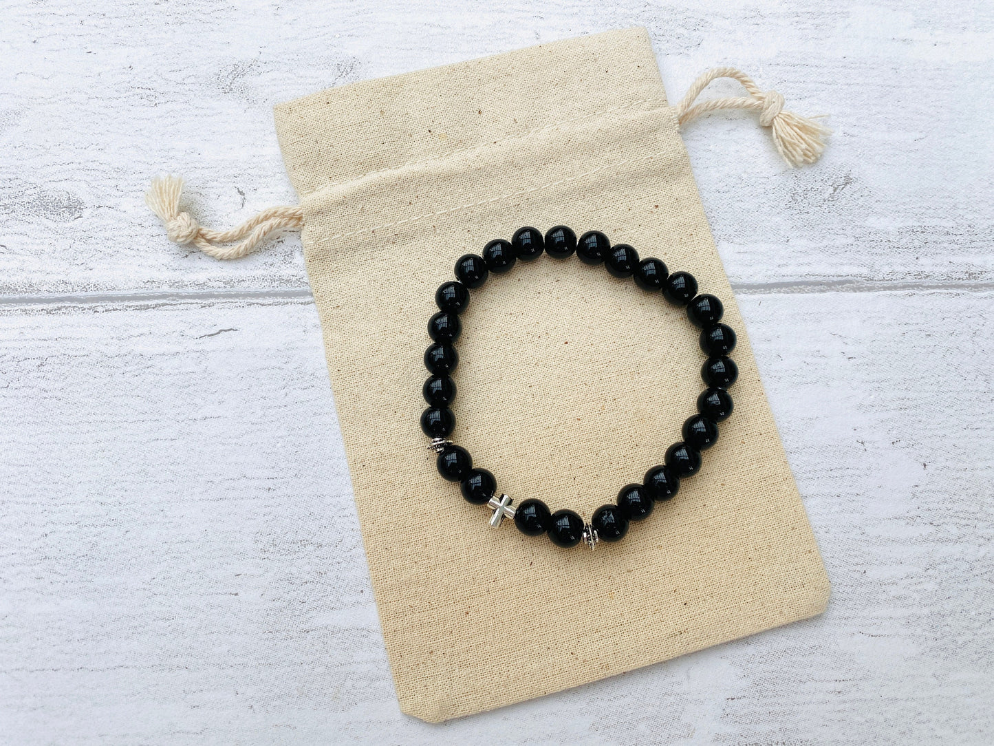 Mens Black Bead Bracelet- Meditation Prayer Yoga Cross Bracelet