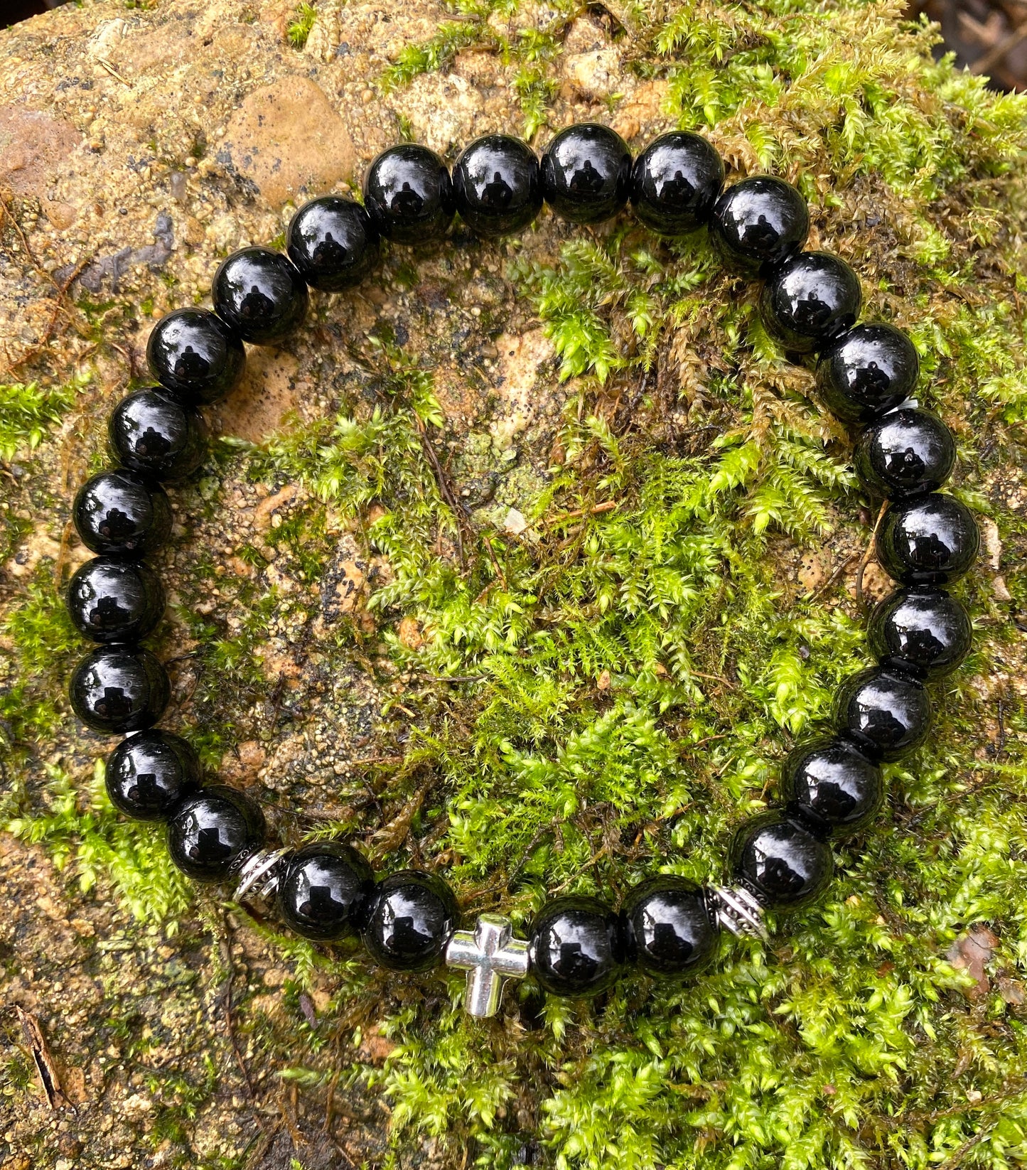 Mens Black Bead Bracelet- Meditation Prayer Yoga Cross Bracelet