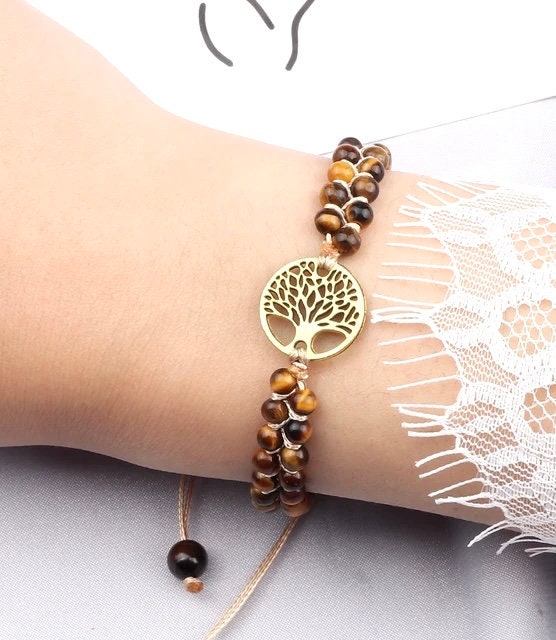 Tree of Life Natural Tiger’s Eye Beaded Bracelet- Unisex Healing Bracelet- Positive Energy (Boho)