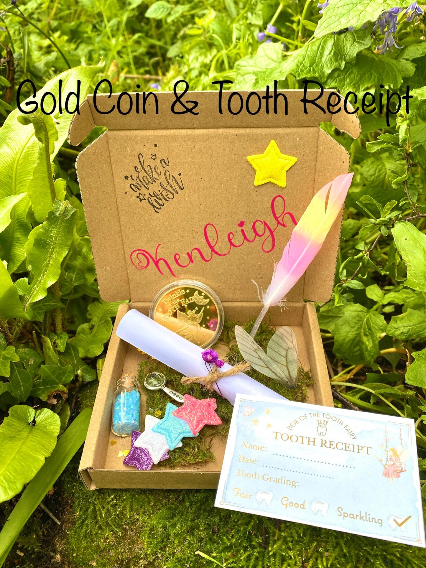 Sky Fairy- Tooth Fairy Personalised Letter gift box- Fairy Kit: Unicorn Feather, Fairy Dust & Wings,hair clip, Gold Coin Tooth Receipt