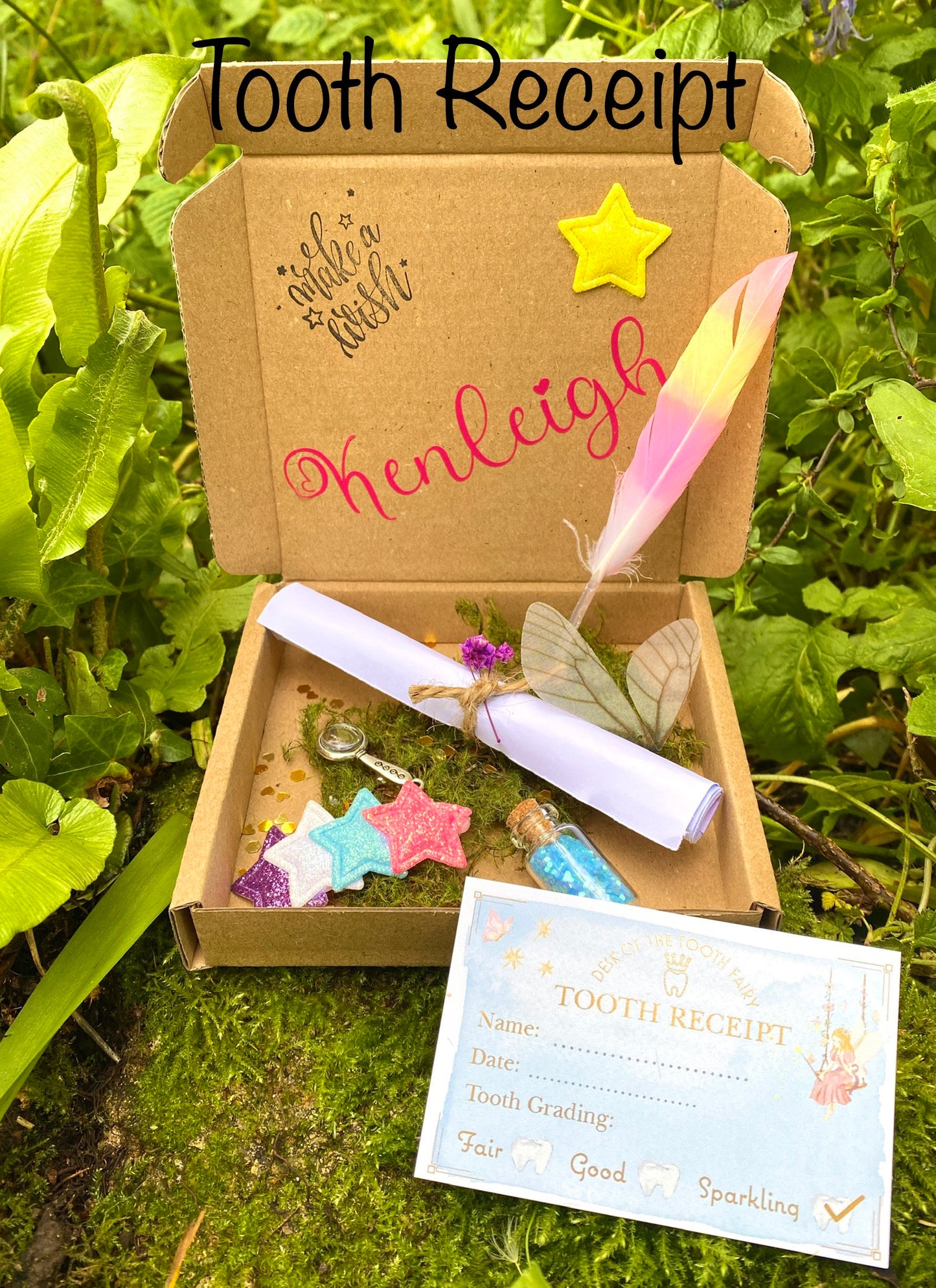 Sky Fairy- Tooth Fairy Personalised Letter gift box- Fairy Kit: Unicorn Feather, Fairy Dust & Wings,hair clip, Gold Coin Tooth Receipt