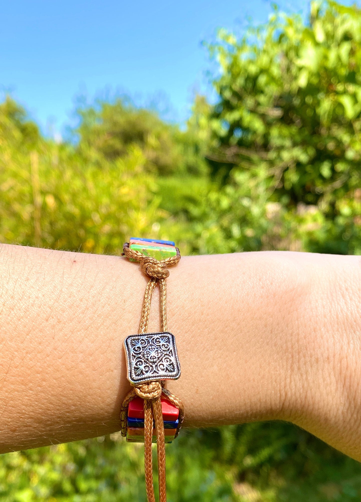 Beautiful Tube Boho Bracelet -Beaded Leather Chakra Bracelet -natural Jasper jewellery entwined with Leather. Healing with Positive Energy