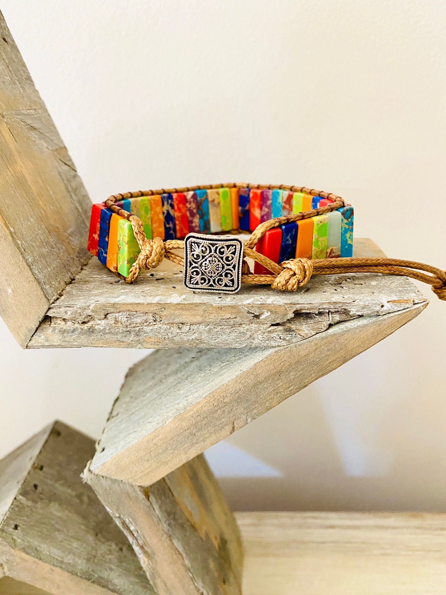 Beautiful Tube Boho Bracelet -Beaded Leather Chakra Bracelet -natural Jasper jewellery entwined with Leather. Healing with Positive Energy