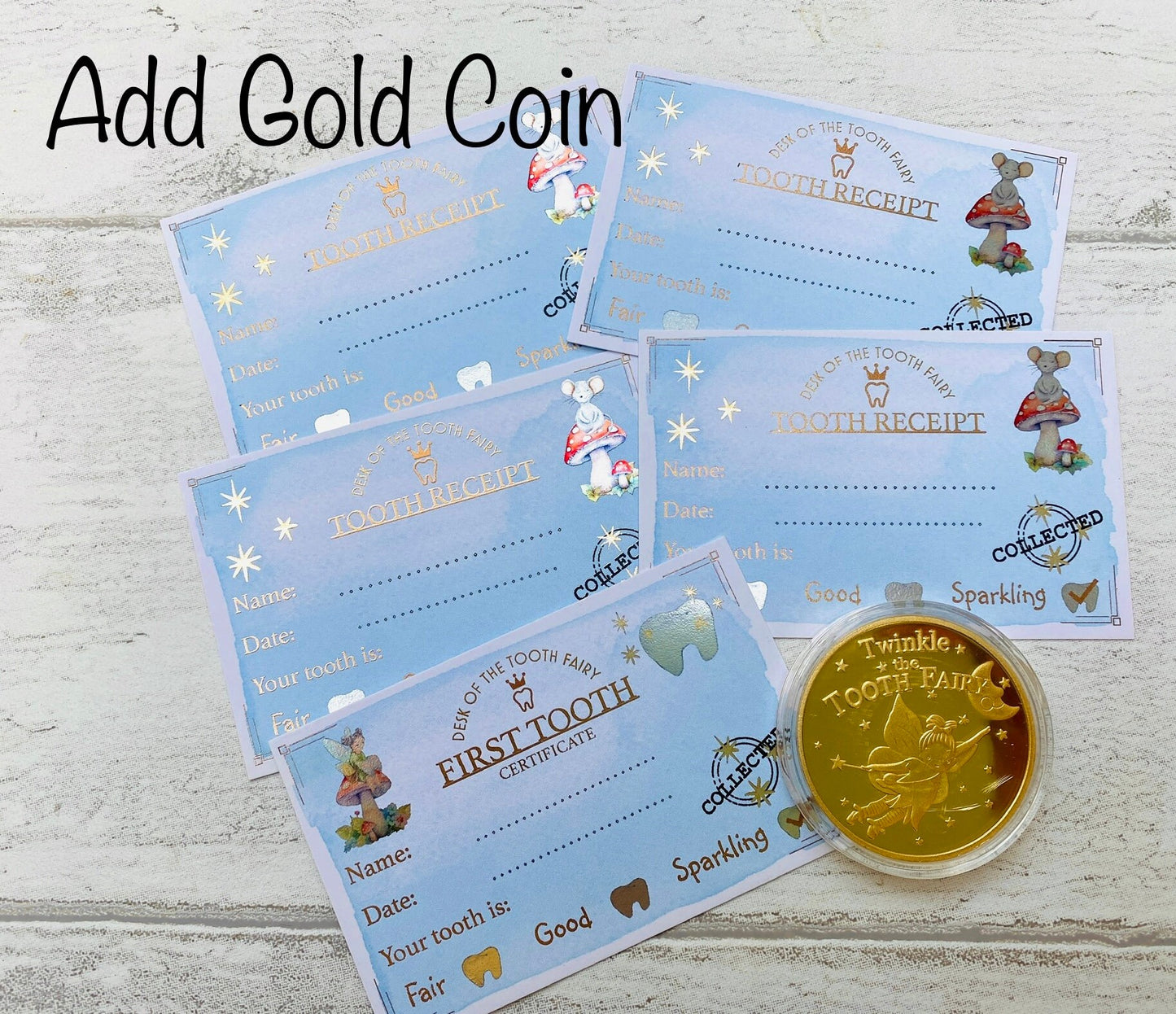 5 Tooth Fairy Receipts! Gift from the Tooth Fairy (Gold Foiled) Tooth Fairy Letter- First Tooth Fairy Visit! Tooth Fairy Bundle Set