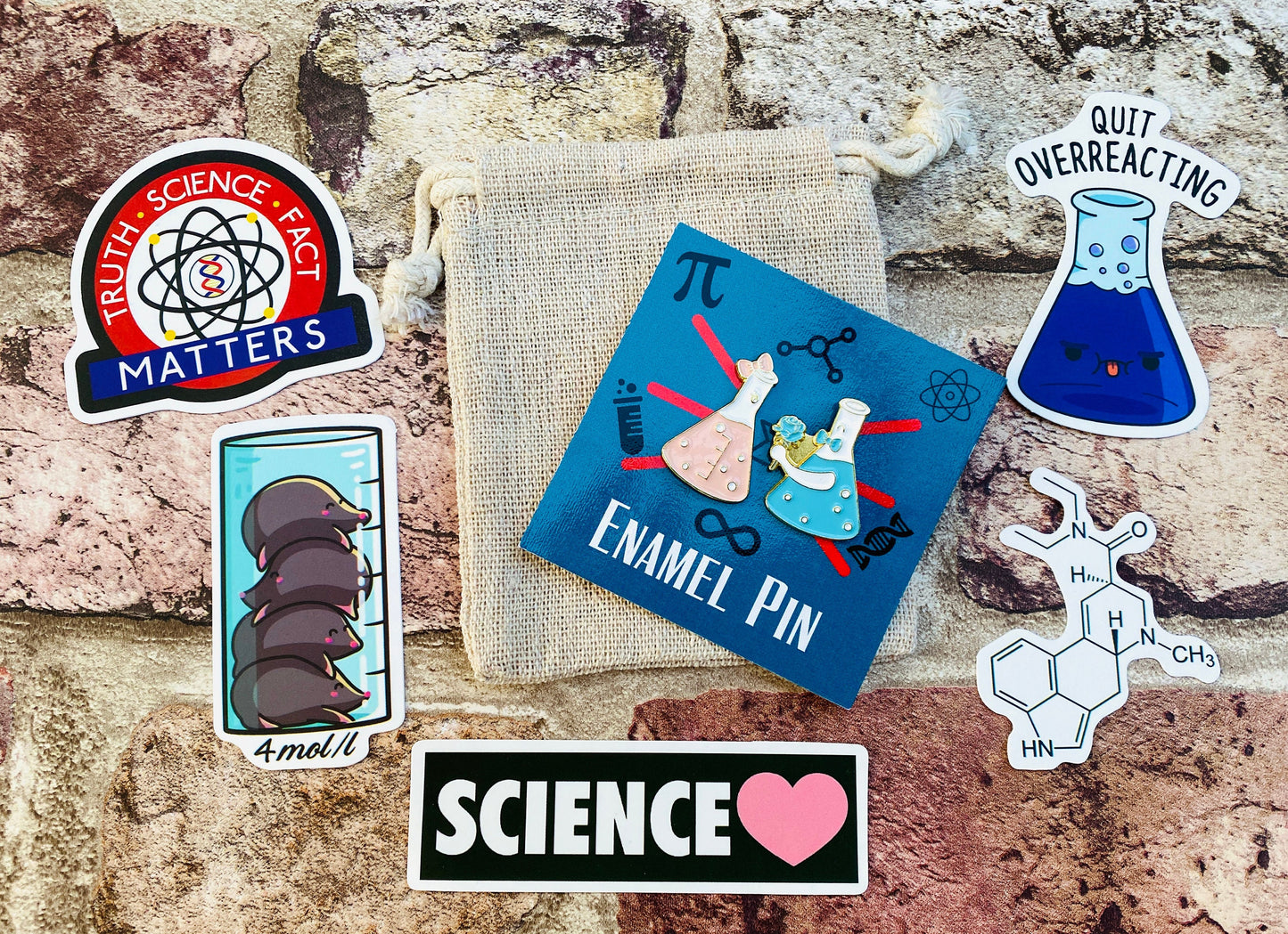 Cute Chemistry Science Enamel Pin / University Badge & waterproof stickers for laptops! Scientist- chemist- physicist gift box