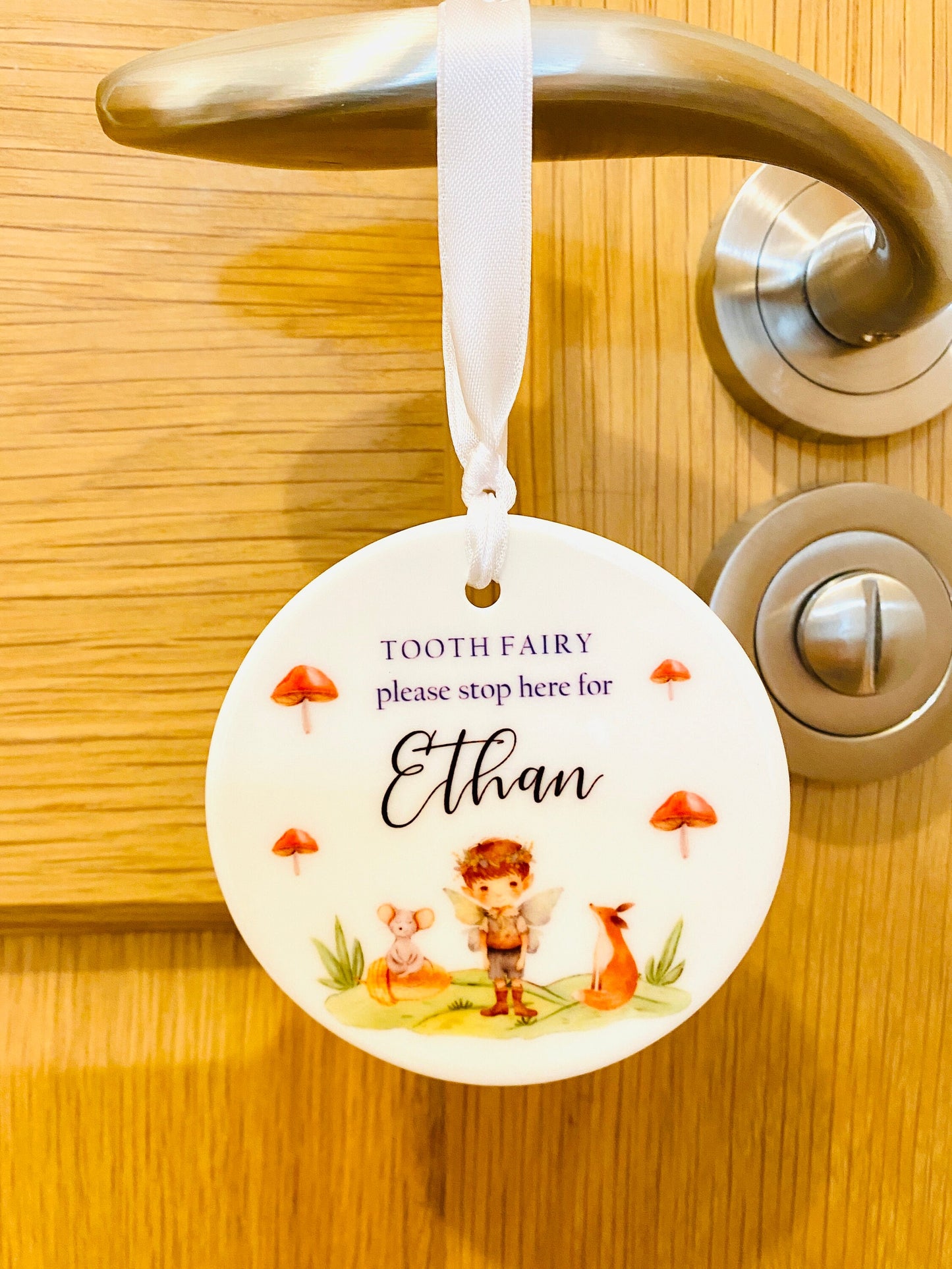 Tooth Fairy Door Hanging Sign - Personalised STOP HERE Tooth Fairy Ceramic sign for Boys