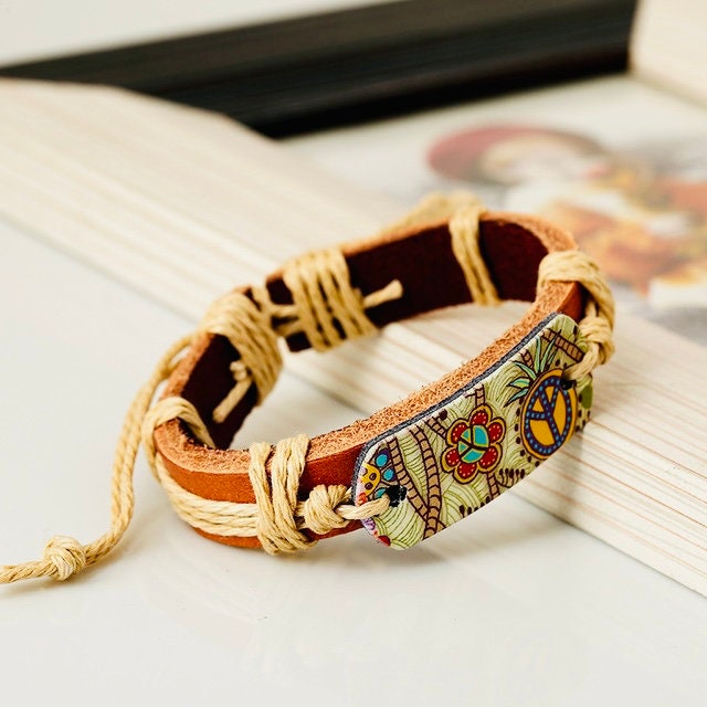 Boho Leather Bracelet- Adjustable strap- Unisex Hippie Jewellery, Beach Bracelets - Hippy gift for her, Gift for him