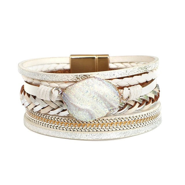 Boho Wide Wrap Bracelet- Hippie Multi-Layer Leather Bracelet with Colourful Stone- Blue & Pink Bohemian designs