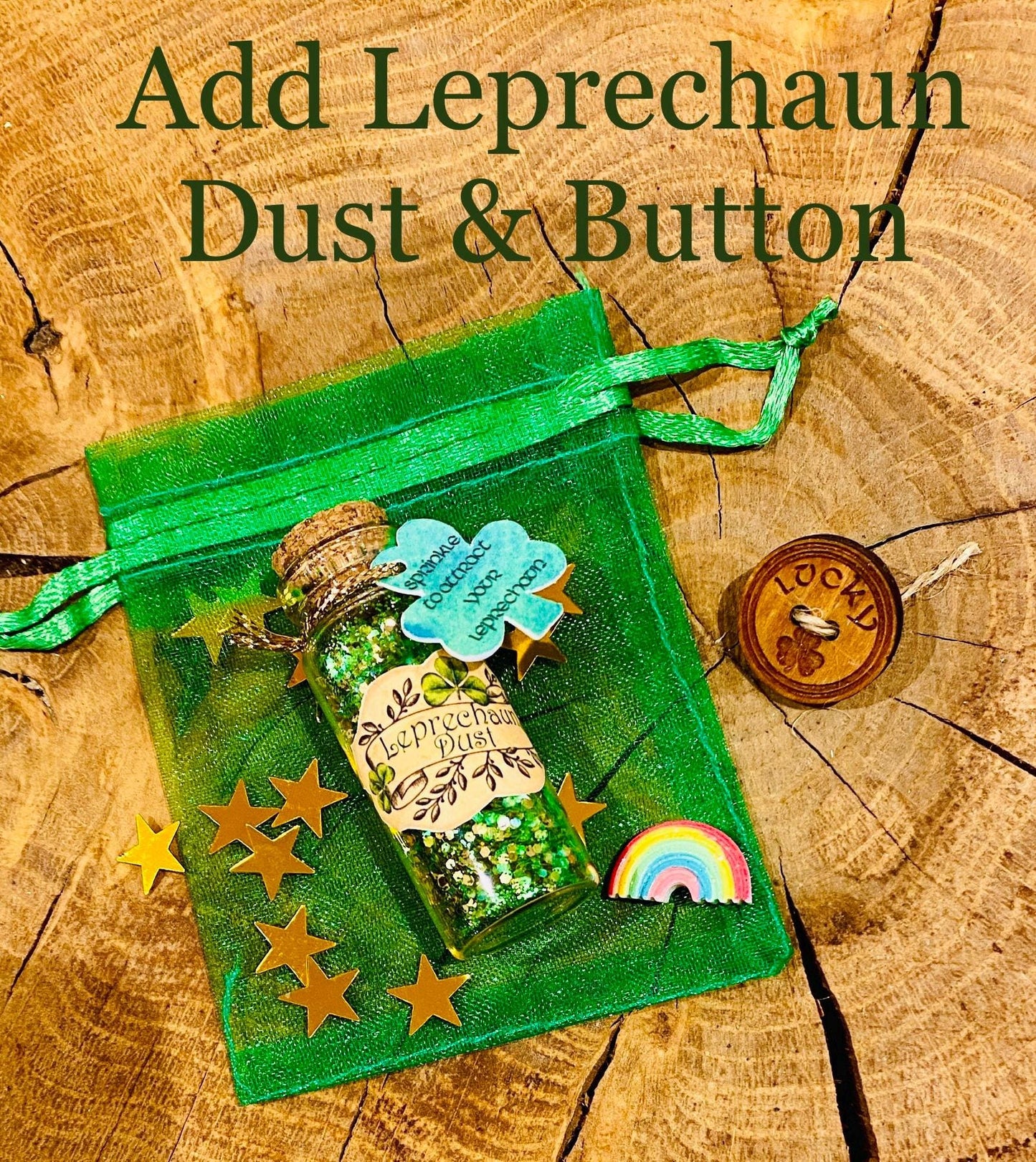 Leprechaun Gold, Dust & Button! Catch that Leprechaun on St. Patrick’s Day! Leprechaun Trap Gold and Green Dust a Leprechaun can’t resist!