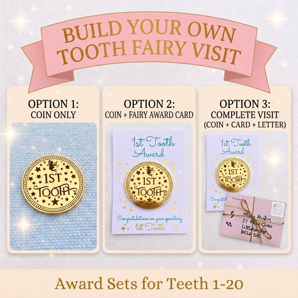 COMPLETE Tooth Fairy Kit | 20 Tooth Fairy Gold COINS & LETTERS - one for each tooth! First Tooth Fairy Kit | Buy individually or as a set