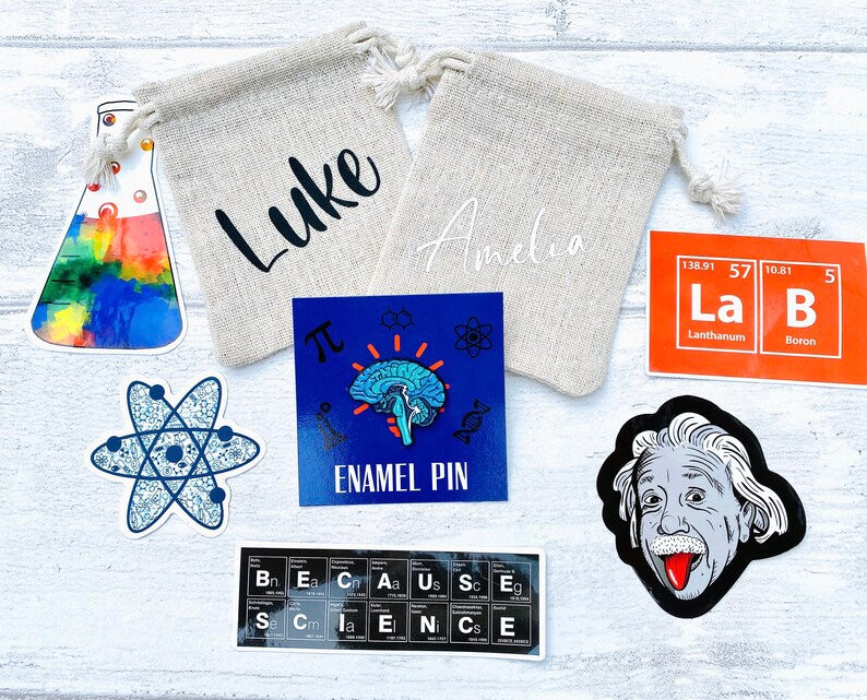 Science- Biology Enamel Pin / University Badge & waterproof stickers for laptops! Scientist- chemist- physicist gift box