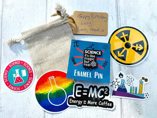 Science is Like Magic but Real Enamel Pin- University Badge & waterproof stickers for laptops! Scientist- chemist- physicist gift box