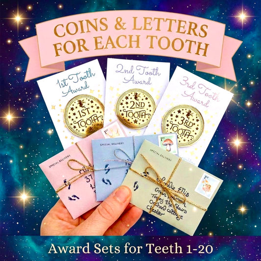 COMPLETE Tooth Fairy Kit | 20 Tooth Fairy Gold COINS & LETTERS - one for each tooth! First Tooth Fairy Kit | Buy individually or as a set