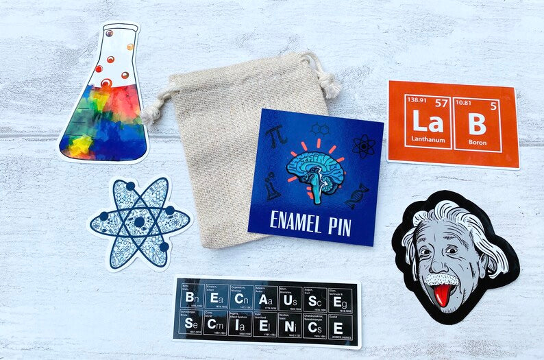 Science- Biology Enamel Pin / University Badge & waterproof stickers for laptops! Scientist- chemist- physicist gift box