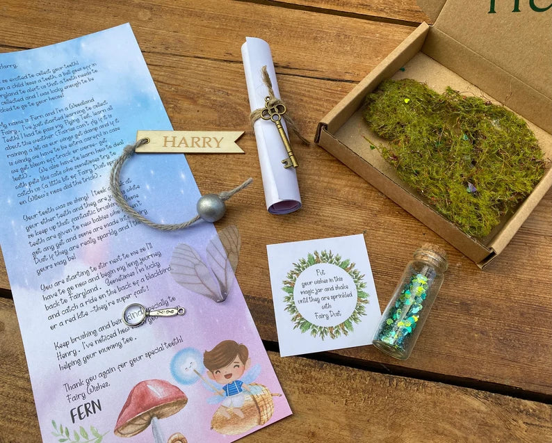 Woodland Fairy- BOY’S Tooth Fairy Letter Personalised gift box- Boy Tooth Fairy kit: Custom Letter, Fairy Dust, Fairy Wings, Magnifying Glas