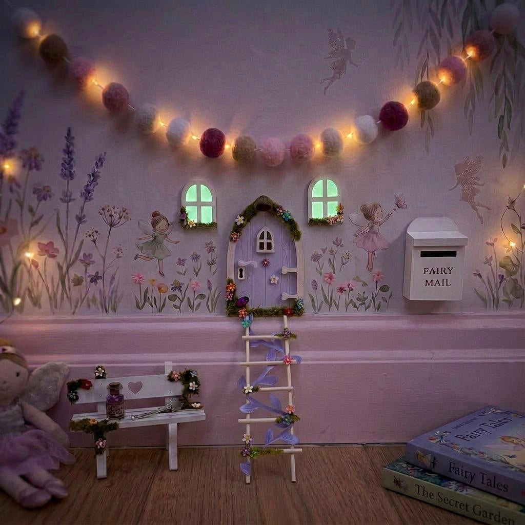 Lilac FAIRY DOOR with Glowing Windows, Fairy Bench & Fairy Postbox for Fairy Bedroom- Lilac Fairy Door