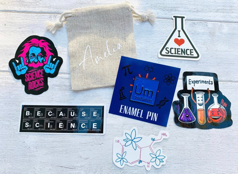 Funny Chemistry Science Enamel Pin / University Badge & waterproof stickers for laptops! Scientist- chemist- physicist gift box