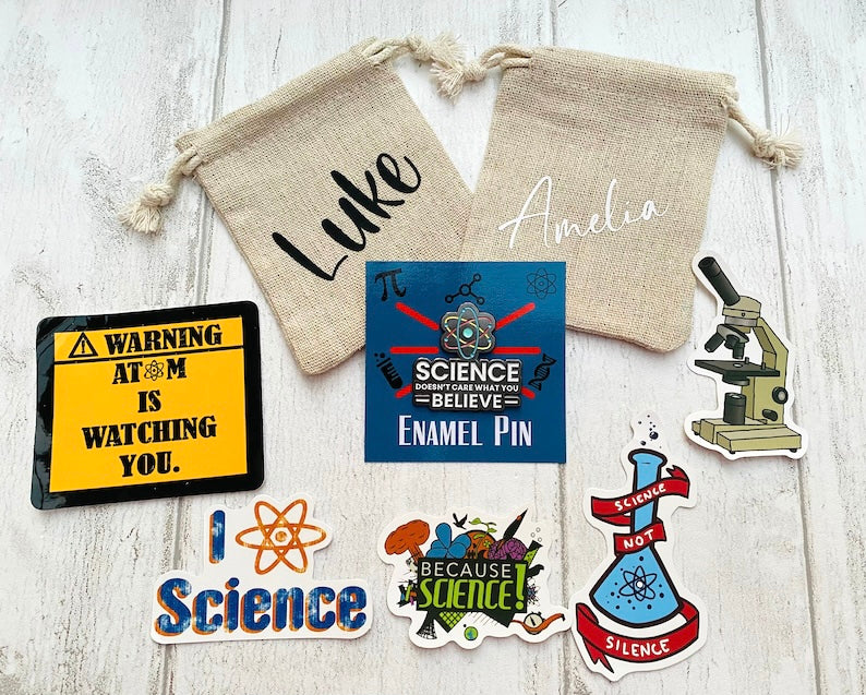 Personalised Science Enamel Pin (Chemistry, Physics)/ University Badge & waterproof stickers for laptops! Scientist- chemist- physicist gift