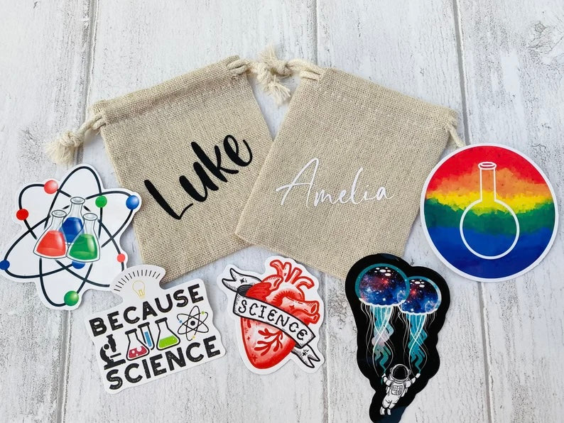 Funny Chemistry Science Enamel Pin / University Badge & waterproof stickers for laptops! Scientist- chemist- physicist gift box