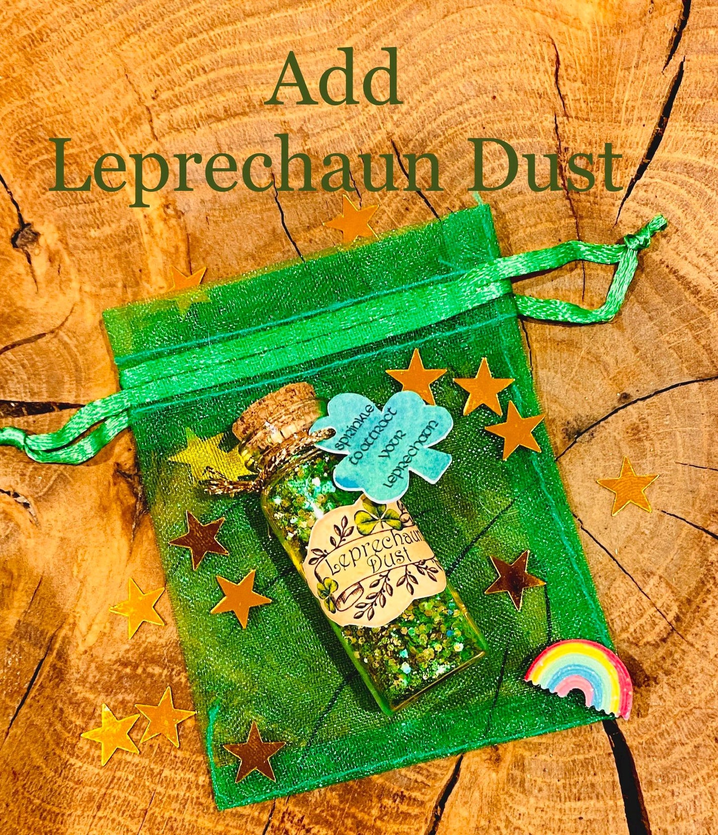 Leprechaun Gold, Dust & Button! Catch that Leprechaun on St. Patrick’s Day! Leprechaun Trap Gold and Green Dust a Leprechaun can’t resist!