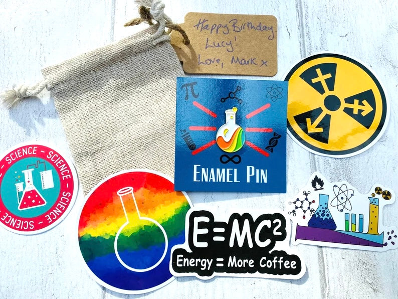 Rainbow Love Science Enamel Pin (Chemistry) University Badge & waterproof stickers for laptops! Scientist- chemist- physicist gift box