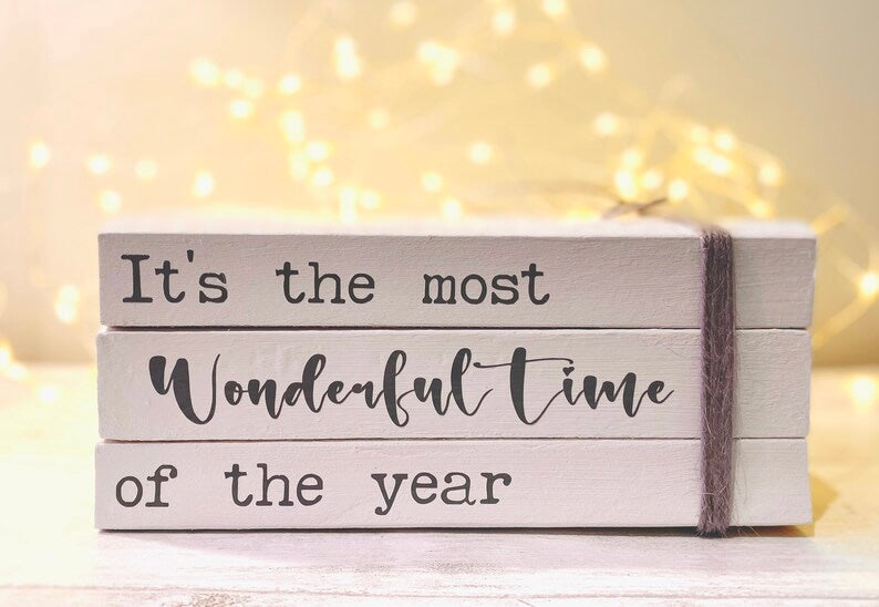 Most Wonderful Time of the Year Christmas Book Stack- Christmas Ornament- White Xmas Decor