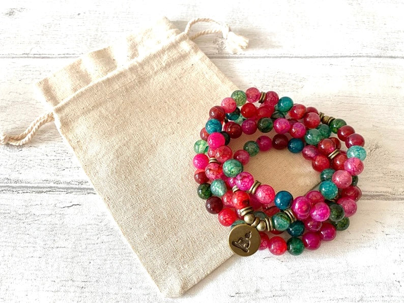 108 Mala Beads -Onyx & Tourmaline Natural Stone Meditation Necklace. Beautiful Chakra Healing bracelet. Japa Mala. Prayer beads.