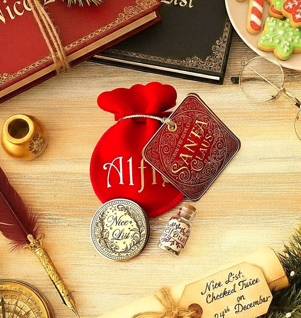 Nice List Christmas Coin with Elf Dust. True Believer Gold Coin from Santa (can be personalised)- Stocking Filler or Christmas Eve Box Filler