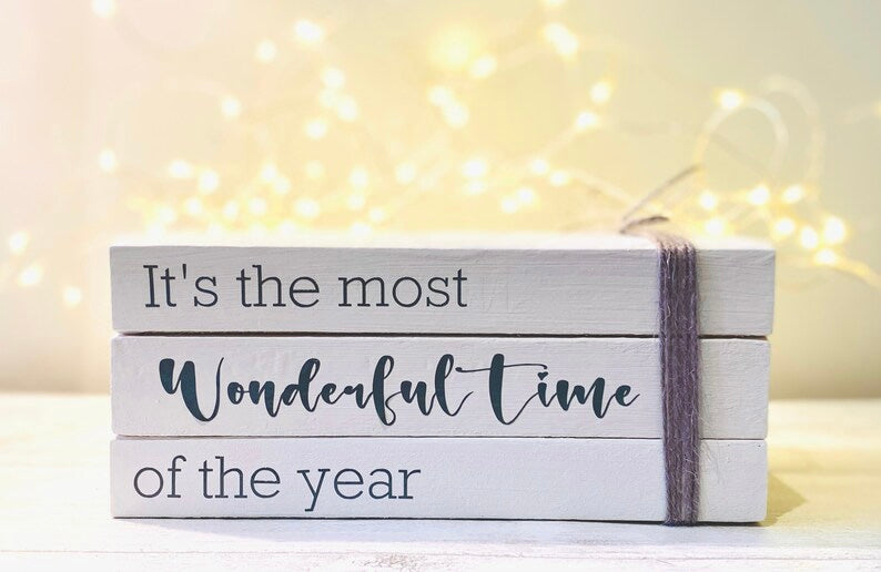 Most Wonderful Time of the Year Christmas Book Stack- Christmas Ornament- White Xmas Decor