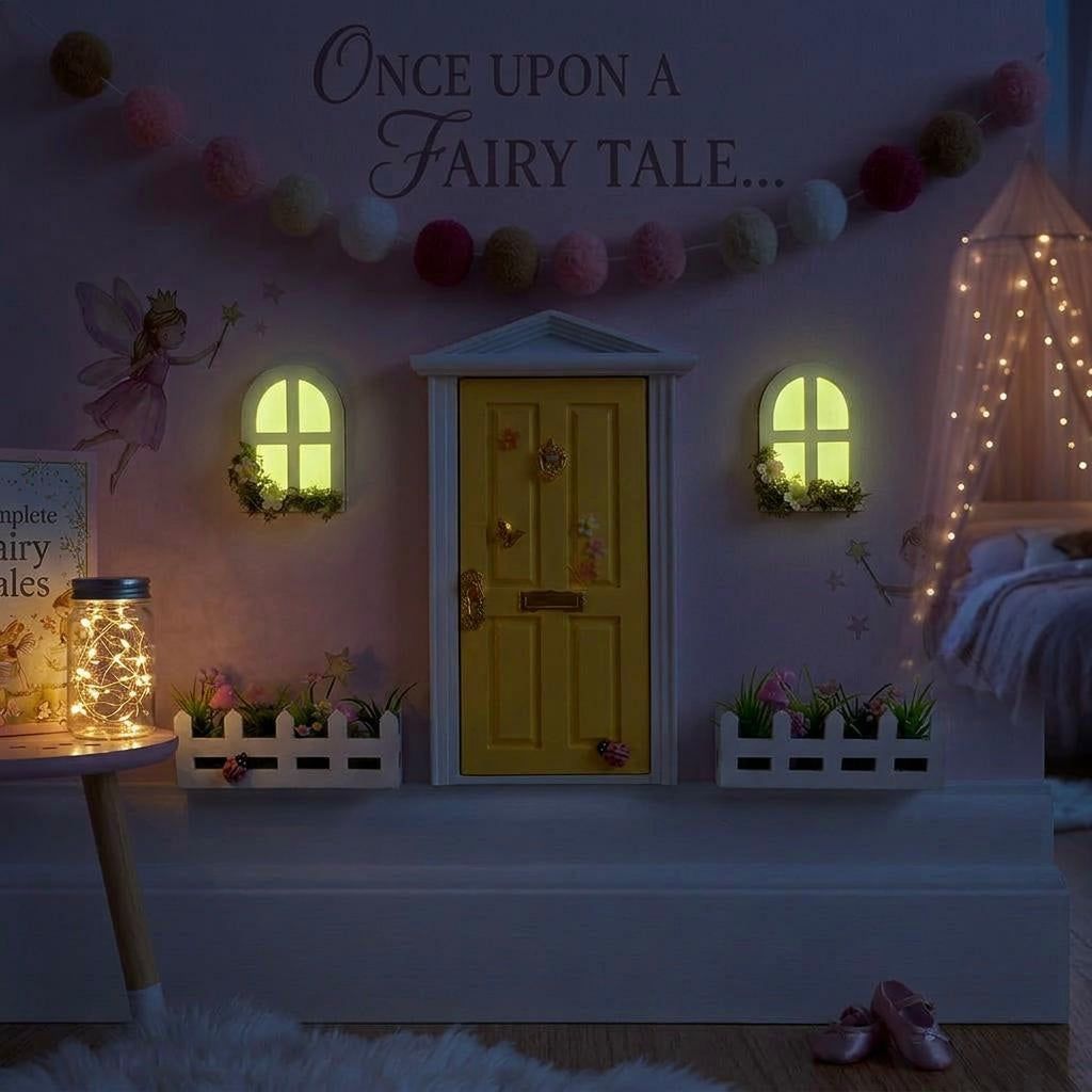 Opening Wooden Fairy Door with Glowing Windows, & Fairy Door Key – Fairy Bedroom Decor