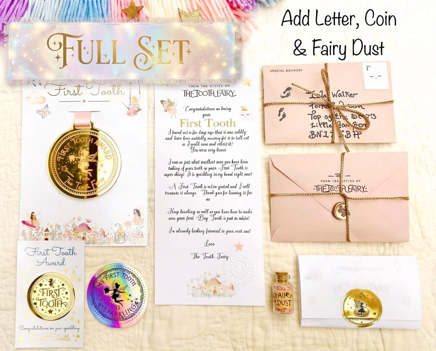 FIRST Tooth Fairy Medal -Tooth Fairy LETTER Tooth Fairy Gold Coin- First Milk Tooth Fairy Kit! First Tooth Girls & Boys 1st Tooth Fairy Dust
