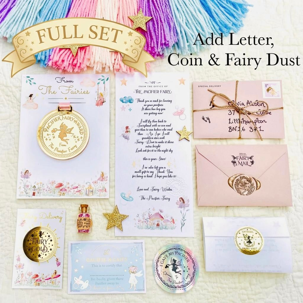 Dummy Fairy MEDAL and Dummy Fairy LETTER! Fairy Gold Coin and Fairy Dust. Binkie Fairy Letter, Soother Fairy Letter & Pacifier Fairy Letter