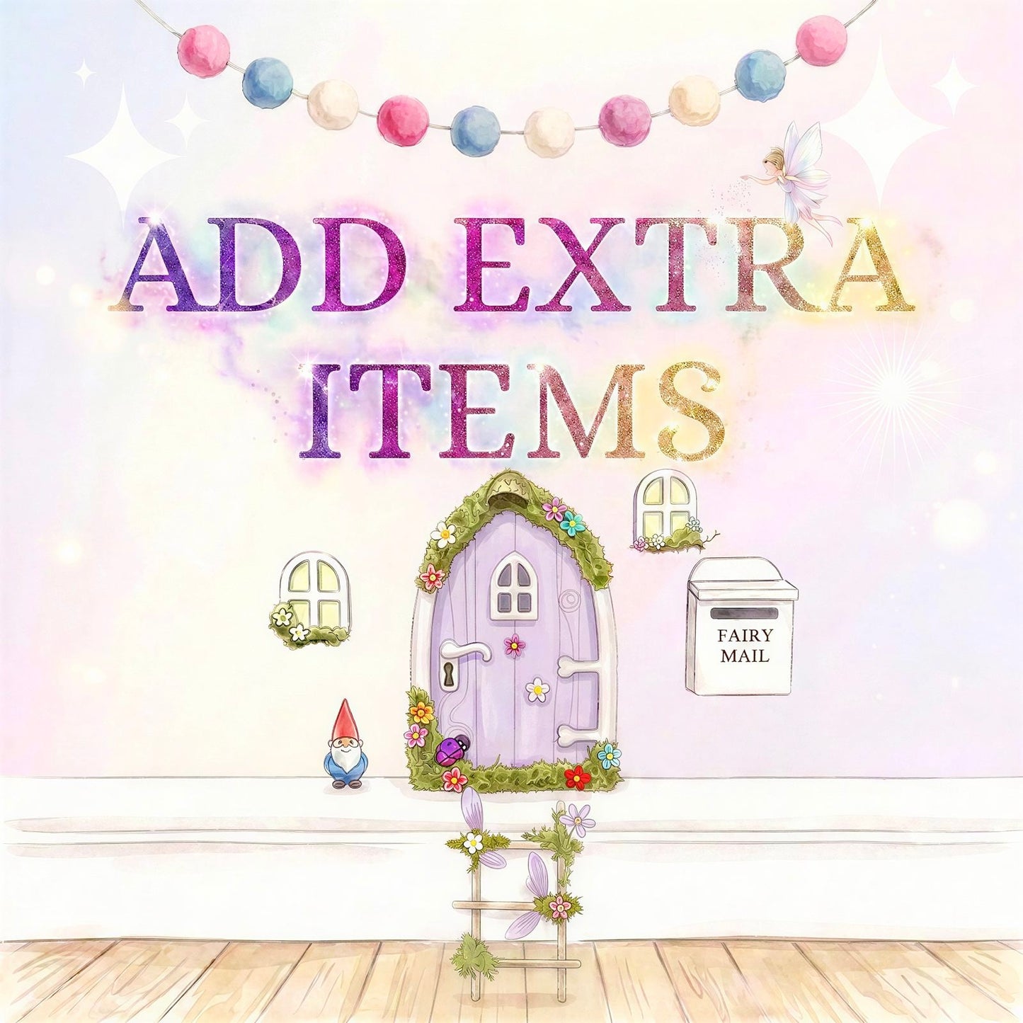 Lilac FAIRY DOOR with Glowing Windows, Fairy Bench & Fairy Postbox for Fairy Bedroom- Lilac Fairy Door