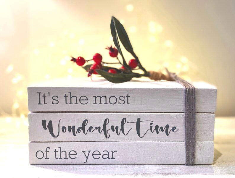 Most Wonderful Time of the Year Christmas Book Stack- Christmas Ornament- White Xmas Decor