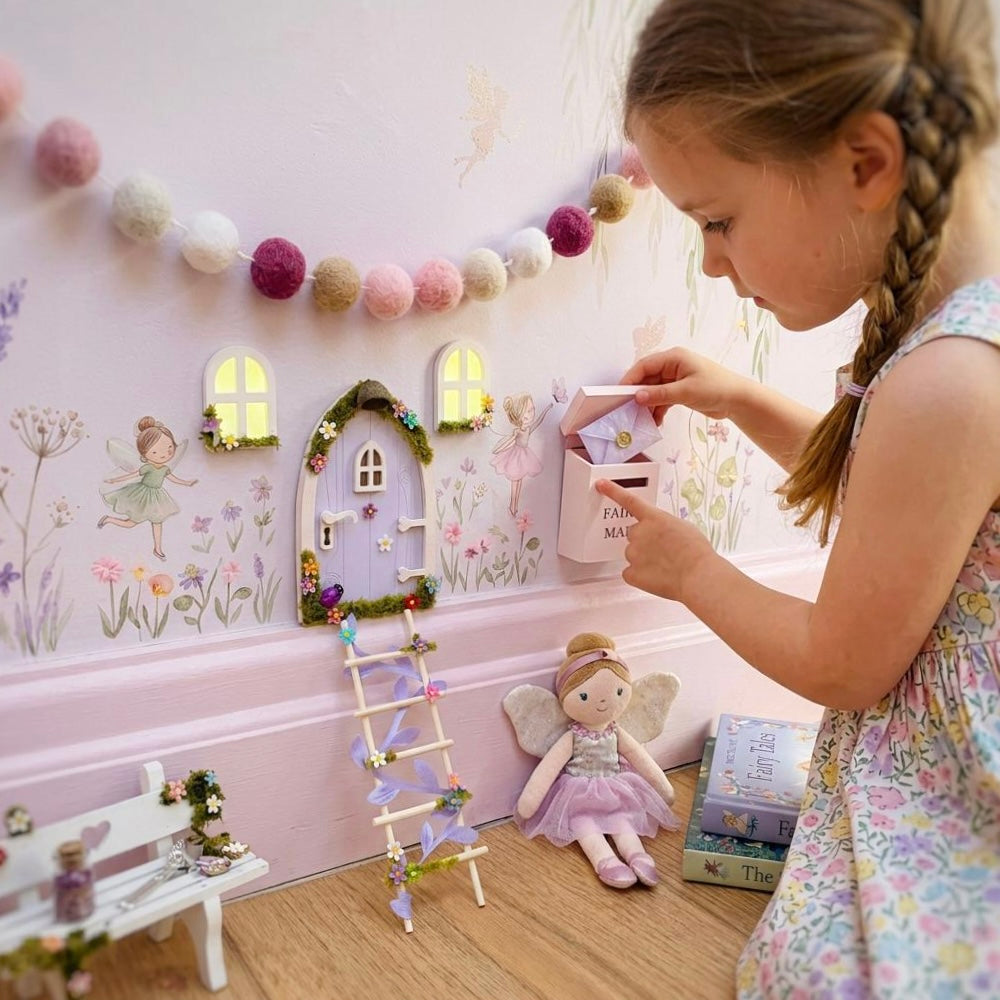 Lilac FAIRY DOOR with Glowing Windows, Fairy Bench & Fairy Postbox for Fairy Bedroom- Lilac Fairy Door
