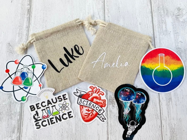 Funny Science Enamel Pin (Chemistry, Physics)/ University Badge & waterproof stickers for laptops! Scientist- chemist- physicist gift box