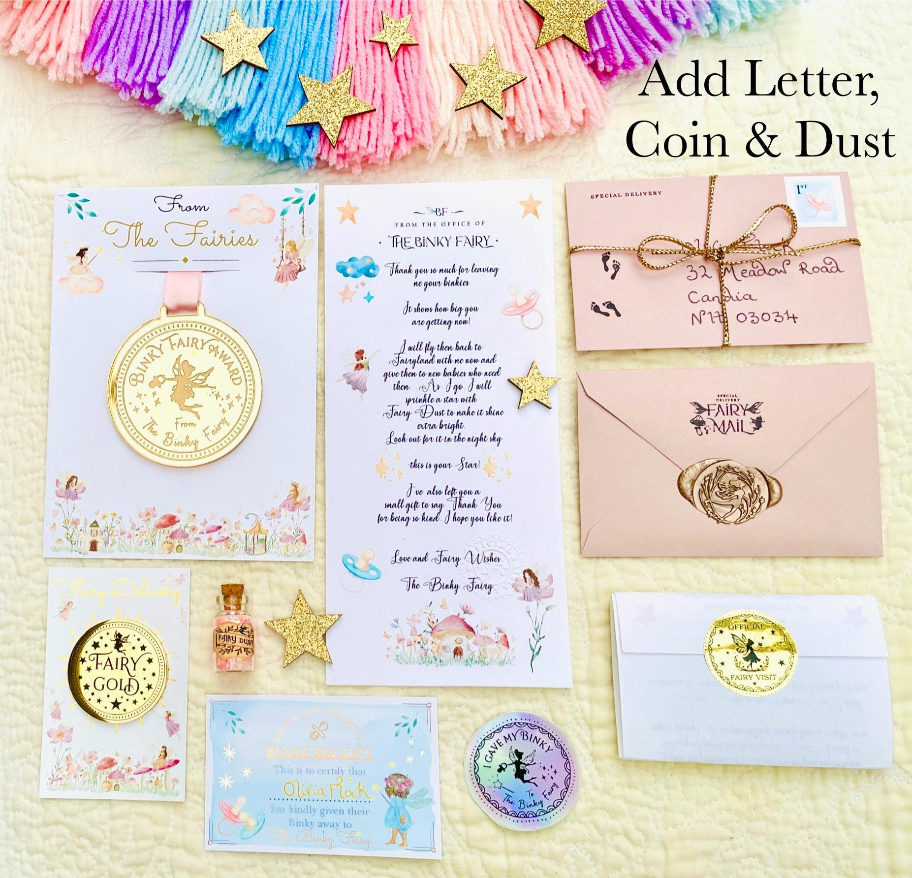 BINKY Fairy MEDAL and BINKY Fairy Letter! Binky Fairy Gift with Gold Coin and Fairy Dust (Binky Fairy Letter, Soother Fairy Letter). __etsy:7755696755