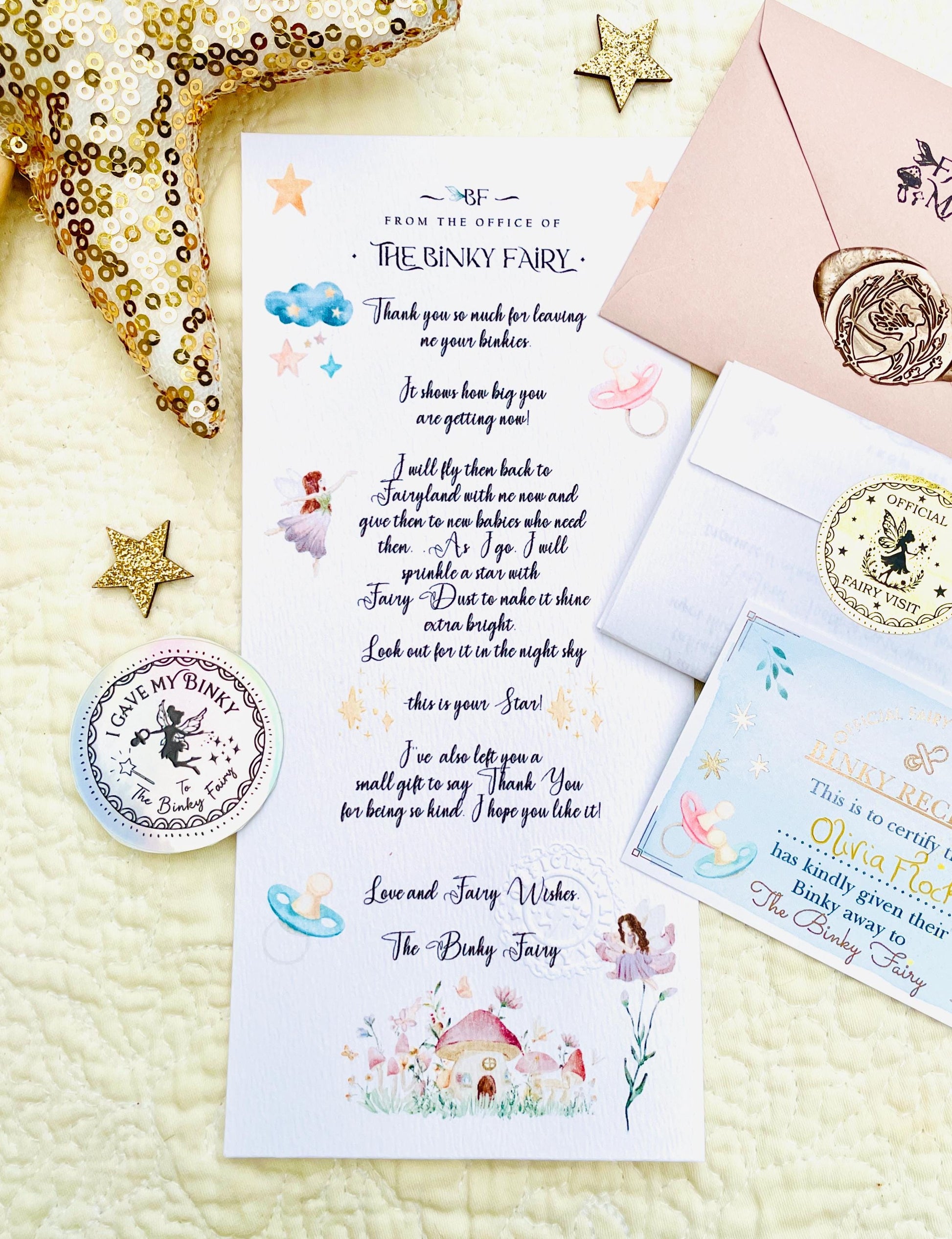 BINKY Fairy MEDAL and BINKY Fairy Letter! Binky Fairy Gift with Gold Coin and Fairy Dust (Binky Fairy Letter, Soother Fairy Letter). __etsy:7755695245