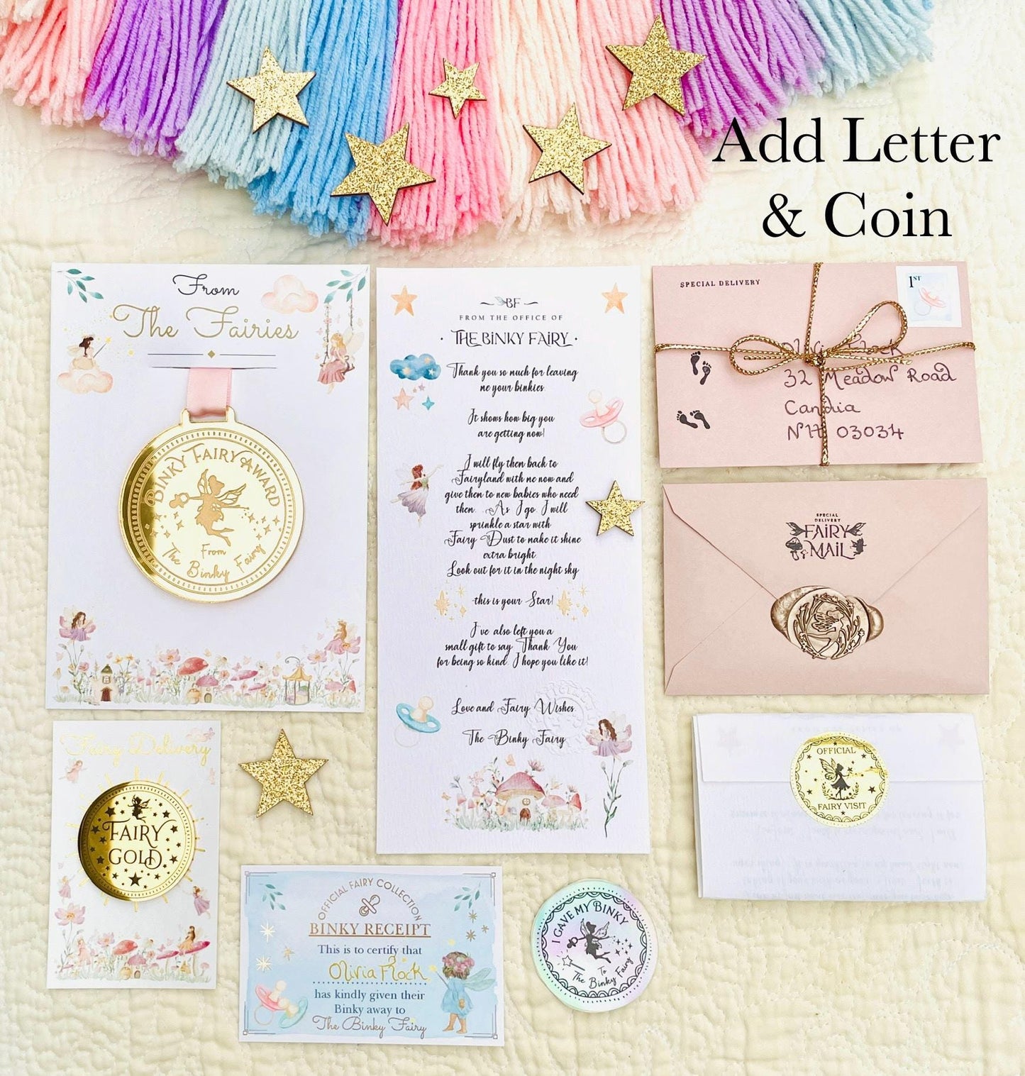 BINKY Fairy MEDAL and BINKY Fairy Letter! Binky Fairy Gift with Gold Coin and Fairy Dust (Binky Fairy Letter, Soother Fairy Letter). __etsy:7755693107