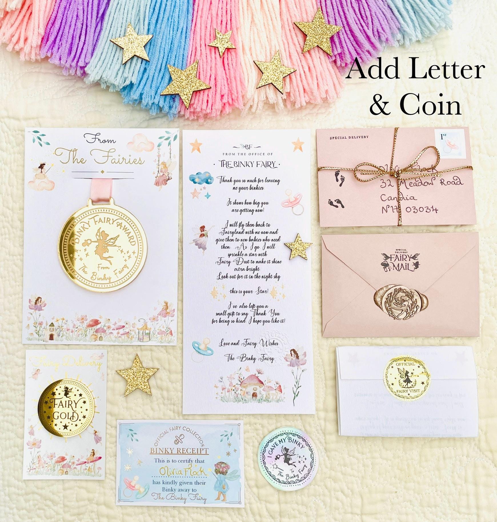 BINKY Fairy MEDAL and BINKY Fairy Letter! Binky Fairy Gift with Gold Coin and Fairy Dust (Binky Fairy Letter, Soother Fairy Letter). __etsy:7755693107